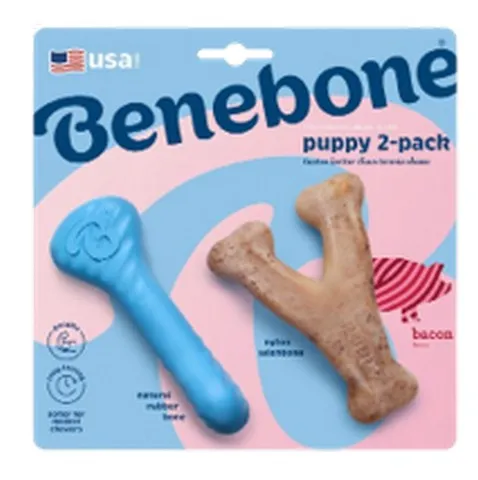 1ea Benebone Puppy 2 Pack Rubber Bone/Wishbone Bacon - Dog/Cat Supplements